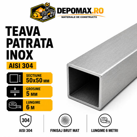 Teava patrata inox AISI 304, 50 x 50 x 5 mm, 6 metri